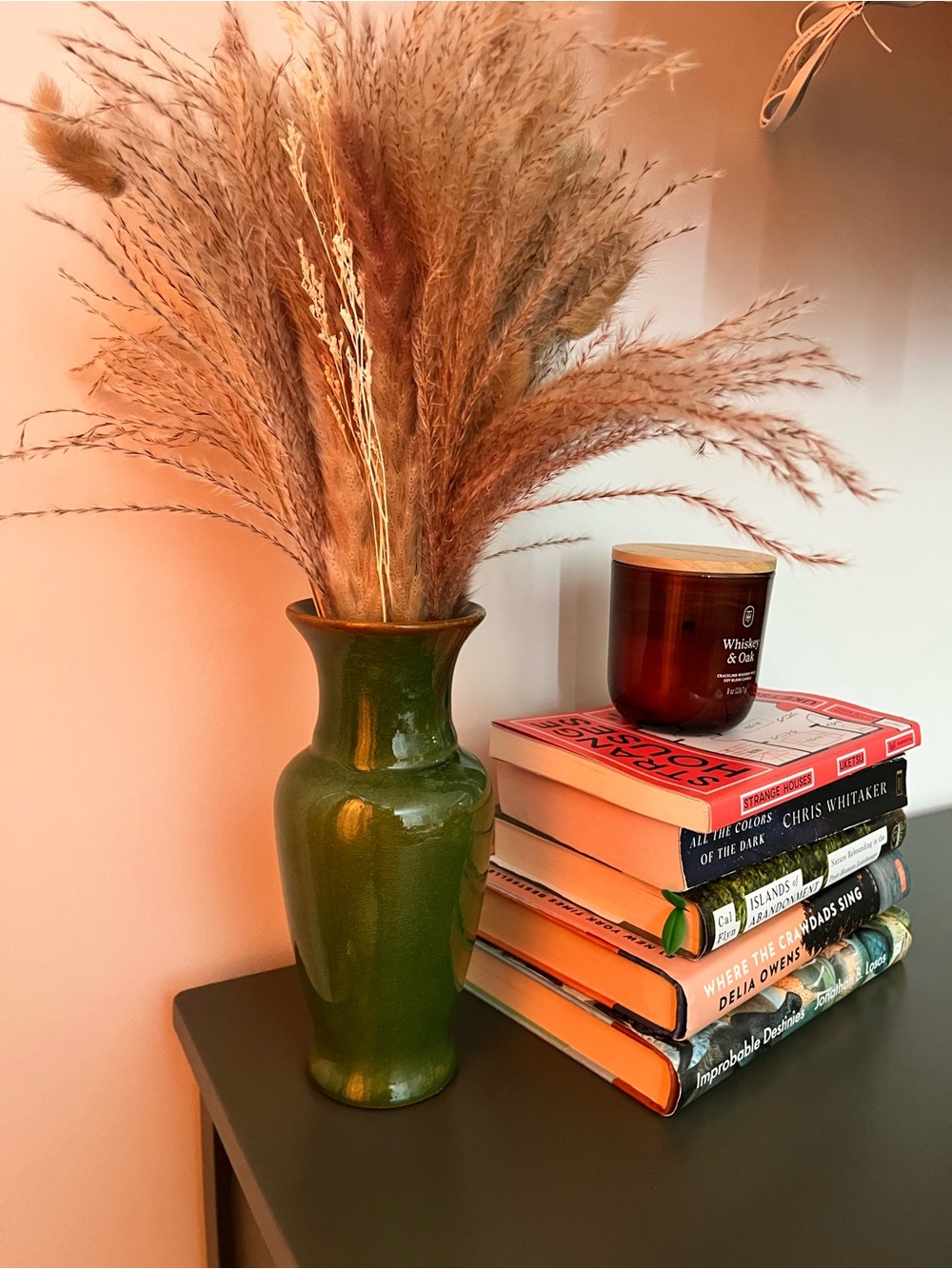 Vintage Green and Gold Ceramic Vase with Pampas Grass - Home Decor